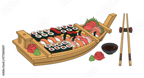 A delicious sushi boat filled with salmon rolls, tuna sashimi, and vibrant flavors for a delightful dining experience at your table