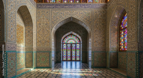 Ornate islamic architecture with intricate tilework and stained glass windows