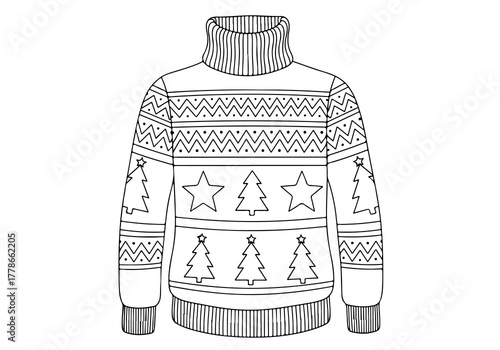 Cozy Christmas sweater coloring page featuring festive winter patterns with trees and stars, a line art vector illustration for holiday fun 3.eps