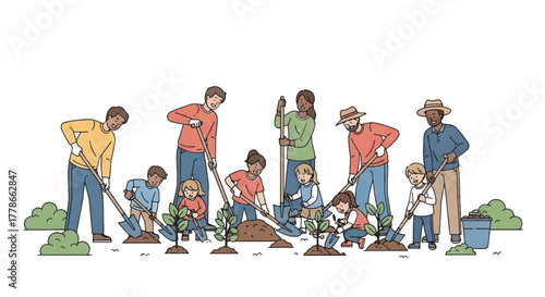 Illustration of diverse group of people planting trees and flowers together outdoors
