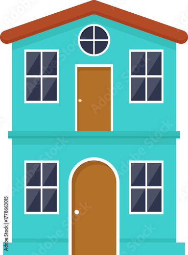 Flat Design Teal Two-Story House Illustration