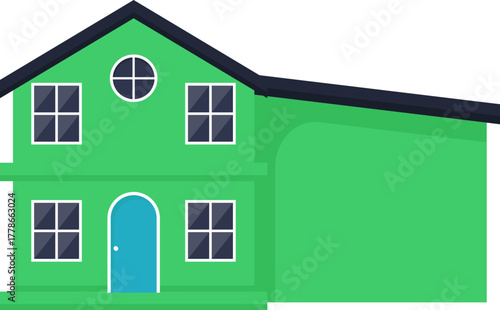 Vibrant Green House Illustration with Black Roof and Blue Door in Modern Flat Design Style, Residential Property Concept