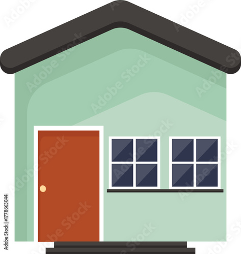 Simple flat design house icon with green walls and red door. Minimalist home illustration for residential and real estate concepts.