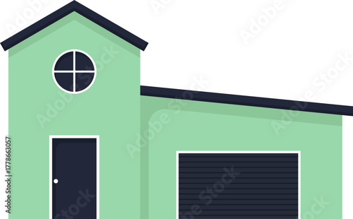Stylish mint green house with attached garage, round window. Modern flat design home illustration.
