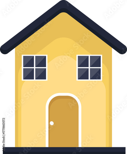 Simple Yellow House Flat Design Icon. Residential building illustration with blue roof and windows, perfect for home, real estate, or property conc...
