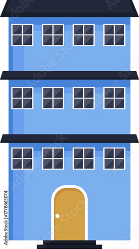 Flat design illustration of a three-story blue apartment building with multiple windows and a front door