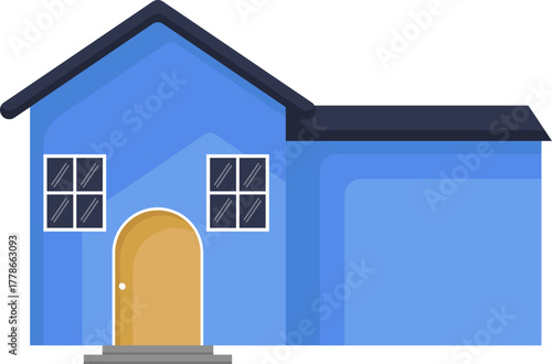 Simple Blue House Illustration. Modern Residential Building Vector Icon with Door and Windows for Home and Real Estate Design