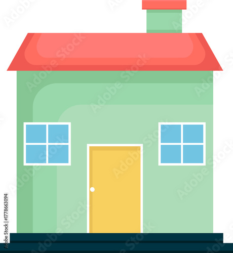 Simple Residential House Illustration. Green Home with Red Roof and Yellow Door. Flat Design Vector.