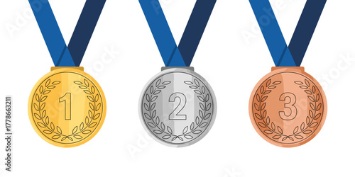 Gold silver and bronze medal with ribbon . first second and third place winner awards. medal icon set for competition, game, award, medal, prize, ribbon, succeed, gold, ranking, 