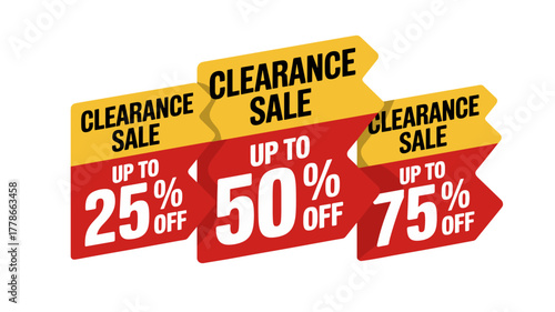 Clearance sale offer label. Discount up to 25%, 50% and 75% off on year end sale product tag. Transparent vector and PNG.stock, tags, badge, clearance, sticker, percent, price, promotion, 