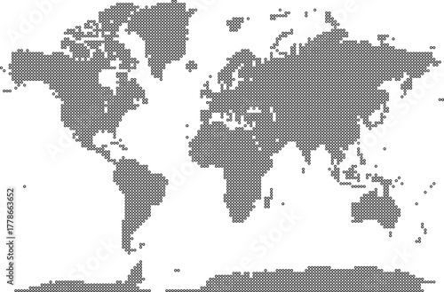 Editable stroke line dotted world map. Vector earth map design in a dot format representing continents. Useful for digital cartography and infographic design representing the world.
