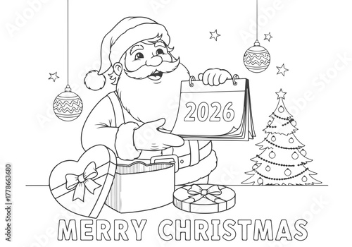 Christmas coloring page featuring Santa Claus, calendar, presents, and Christmas tree for 2026. EPS file