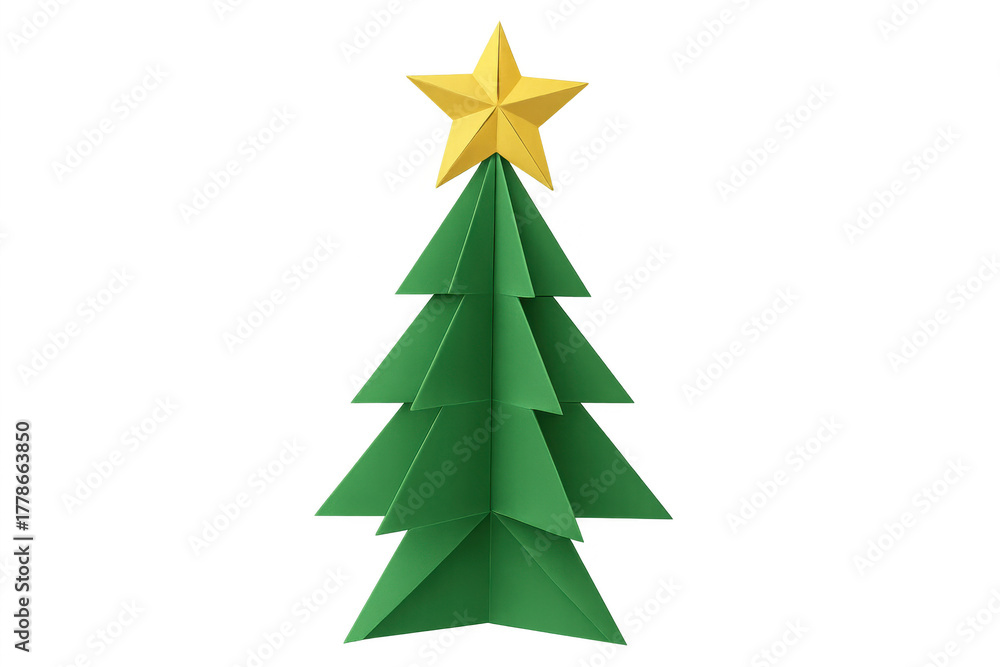 Obraz premium Origami christmas tree with golden star on top, festive paper art for winter holidays and celebrations