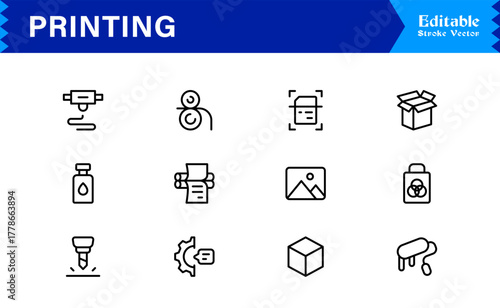 Unique Printing Industry Line Icon Collection Featuring Minimal, Professional, and Modern Vector Symbols, Perfect for Creative Projects, Clean and Simple Design Pack
