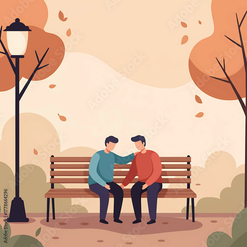 Two men sitting on a park bench with one comforting the other in an autumnal setting with a lamppost and trees.