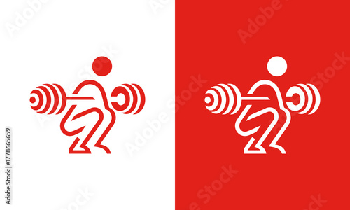 Line art illustration of a person performing a barbell squat exercise in red and white