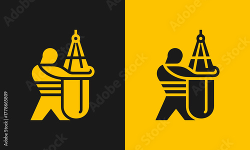 Silhouette of a boxer training with a punching bag on contrasting black and yellow backgrounds