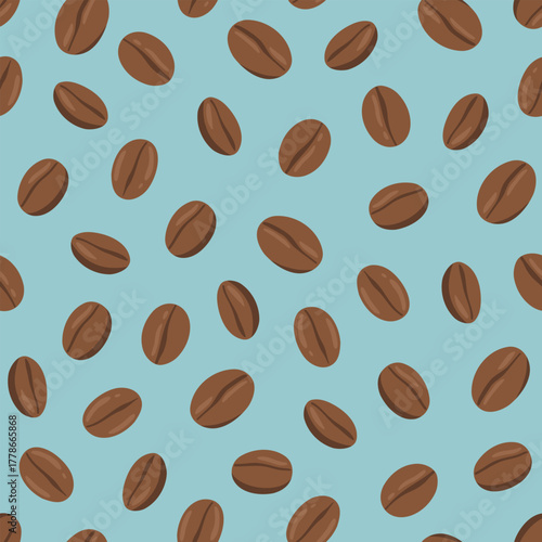 Coffee beans. Vector seamless pattern on blue background. Texture for wrapping paper or textile. 