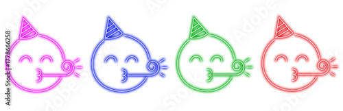 Four colorful party popper face icons