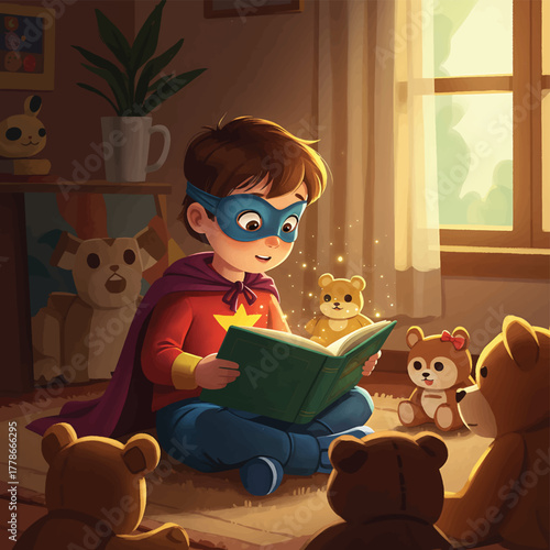 A young boy dressed as a superhero reading a book to stuffed animals in a cozy room with warm lighting.