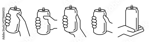 Hand holding soda can icon set vector in thin line and flat style with editable stroke on white background. Dented soda cans. Soda can logo, label, badge, hipster, style, premium, bar brand symbol.