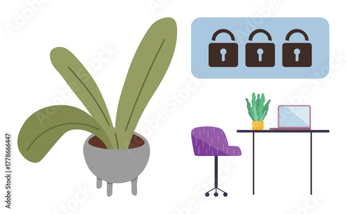 Potted plants, office desk, chair, laptop, and lock icons conceptually symbolize work-life balance, security, privacy, productivity online safety remote work and focus. A simple flat metaphor