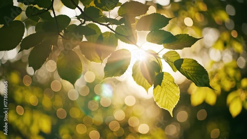 Sunlight filtering through green leaves in a forest creating a beautiful bokeh effect.