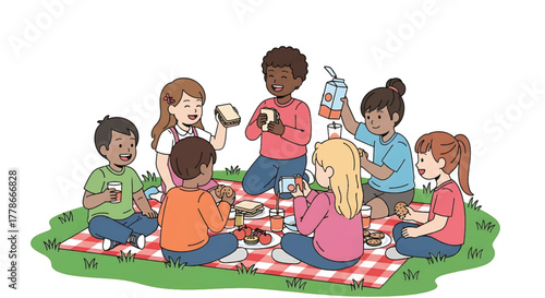 A group of diverse children sitting on a picnic blanket eating food in a grassy outdoor setting.