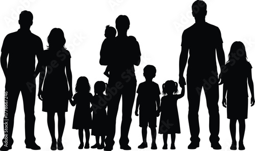 Large family silhouette vector illustration, parents and multiple children standing together, black people figures isolated on white background for design, unity, and relationship concept