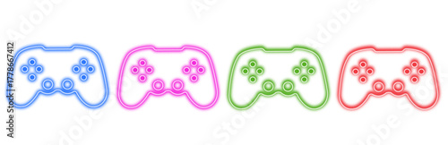 Four colorful neon game controllers in a row