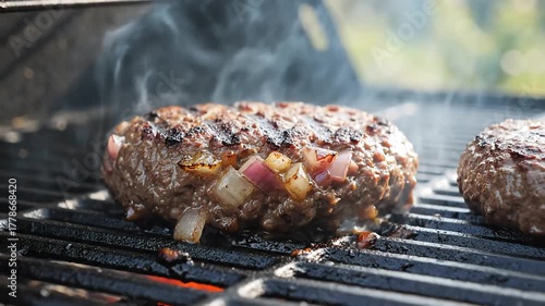 Thick Juicy Hamburger Patty Sizzling on a Fiery Barbecue Grill.