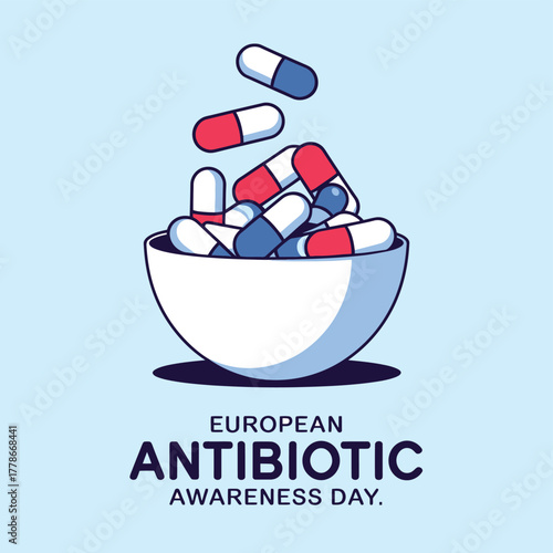 European antibiotic awareness day concept with pills falling into a bowl, representing medication and health