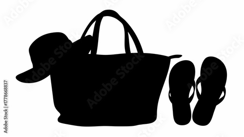 Silhouette of beach essentials featuring a tote bag hat and flip flops in a simple black and white design