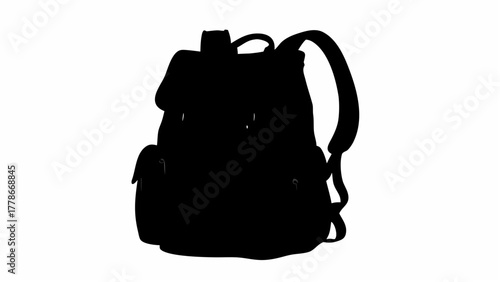 Silhouette depiction of a rucksack with multiple pockets and straps against a white background space