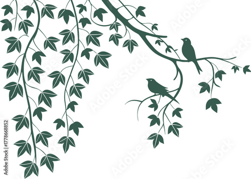 Silhouette of birds on leafy branches creating elegant natural decoration. Minimal green foliage design with perched birds perfect for wall art, invitations, and botanical illustrations.