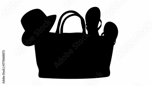 Silhouette of a beach bag filled with a hat and flip flops ready for a summer vacation getaway trip
