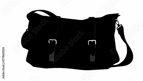 Silhouette of a messenger bag with a shoulder strap and two buckles against a white background view