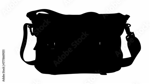 Silhouette depiction of a dark messenger bag with a shoulder strap and visible buckles and clasps design