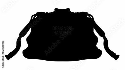 Silhouette of a drawstring bag with straps and a designer handbag text overlay in the center area