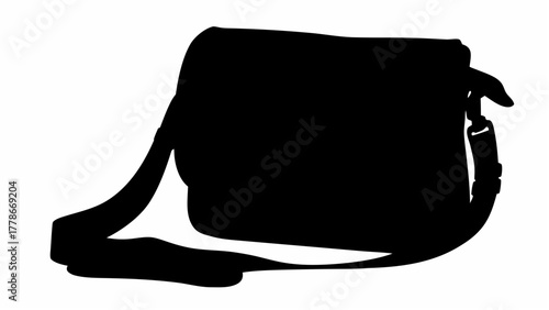 Silhouette depiction of a messenger bag with a shoulder strap and buckle in a solid black color scheme