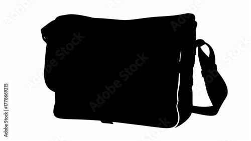 Silhouette of a messenger bag with a shoulder strap shown in a stark black and white illustration style