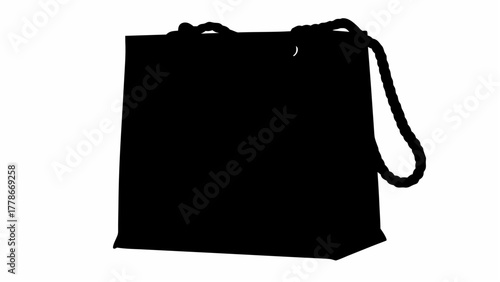 A black silhouette of a rectangular shopping bag with rope handles against a white background image view
