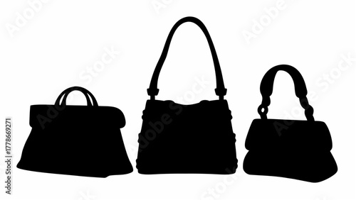 Silhouette depiction of three distinct handbags with varying shapes and handle configurations shown in black