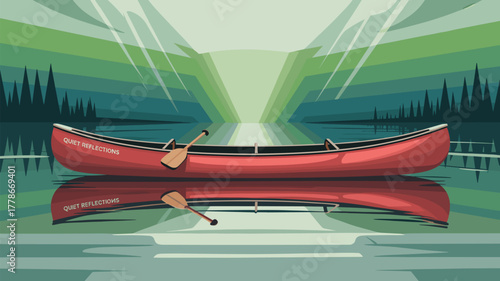 Red Canoe on Lake Reflections Quiet Scenery Nature