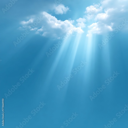 Heavenly divine light shining clouds radiant blue background