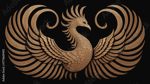 Ornate Phoenix Bird Illustration Vector Gold
