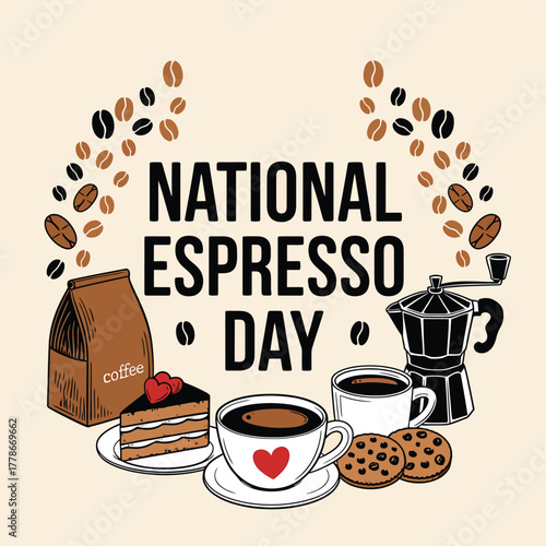National espresso day celebration with coffee beans, cake, cookies, and moka pot illustration