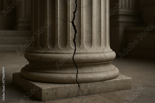 Cracked marble pillar in courthouse interior symbolizing broken justice corruption and collapse of legal foundation, ancient architecture concept of instability power erosion, symbolic law and democra