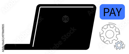 Black laptop monitor with globe icon, blue PAY banner, and gear graphics indicating digital transaction support, automation, and operational functionality. Ideal for finance, fintech, online