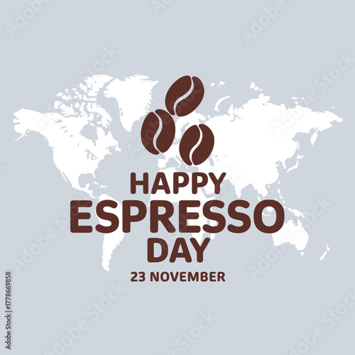Happy espresso day on november 23rd, celebrated globally with coffee beans and a world map illustration, promoting coffee culture worldwide